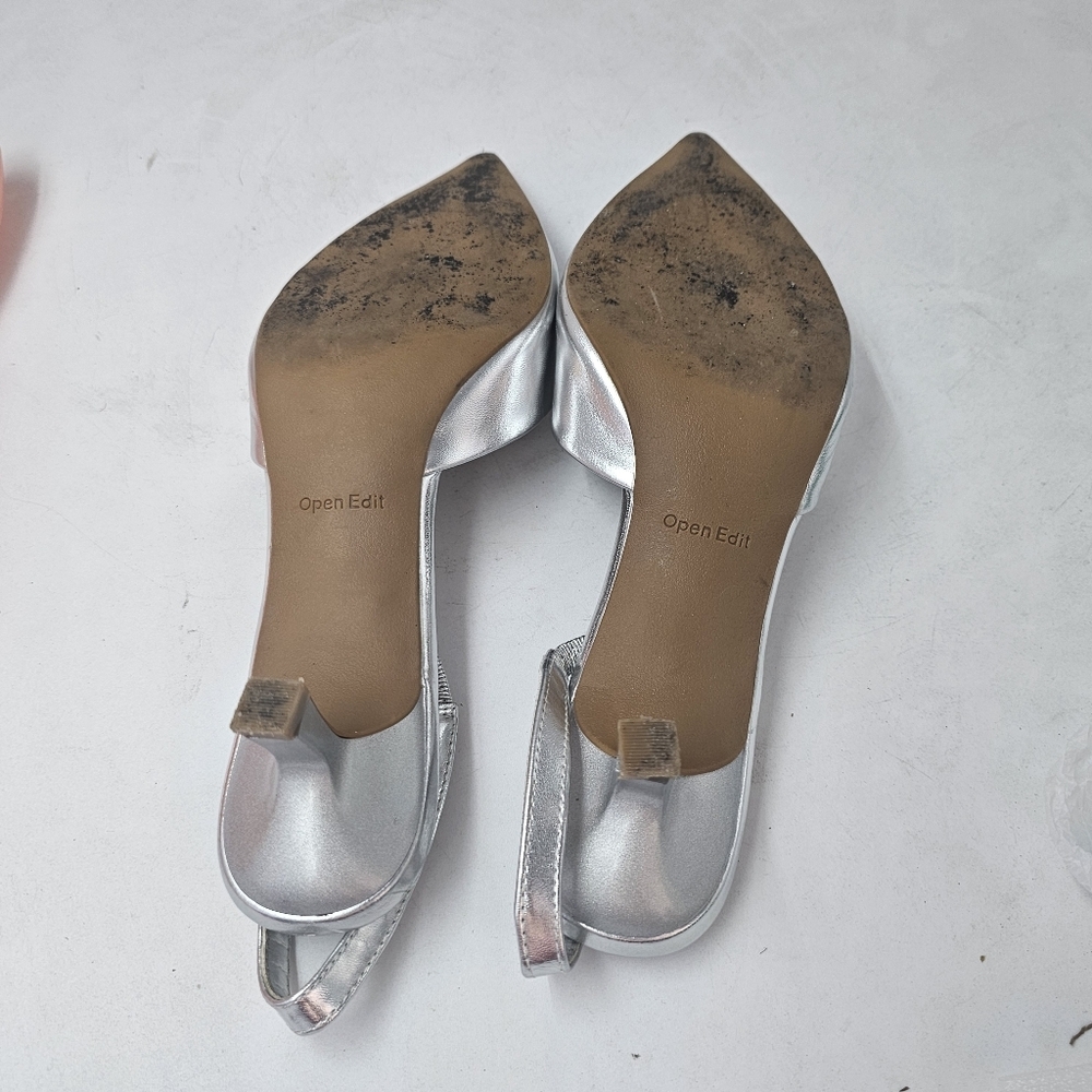 Open Edit Silver Pointed Toe Slingback Kitten Heels Womens - Picture 11 of 11